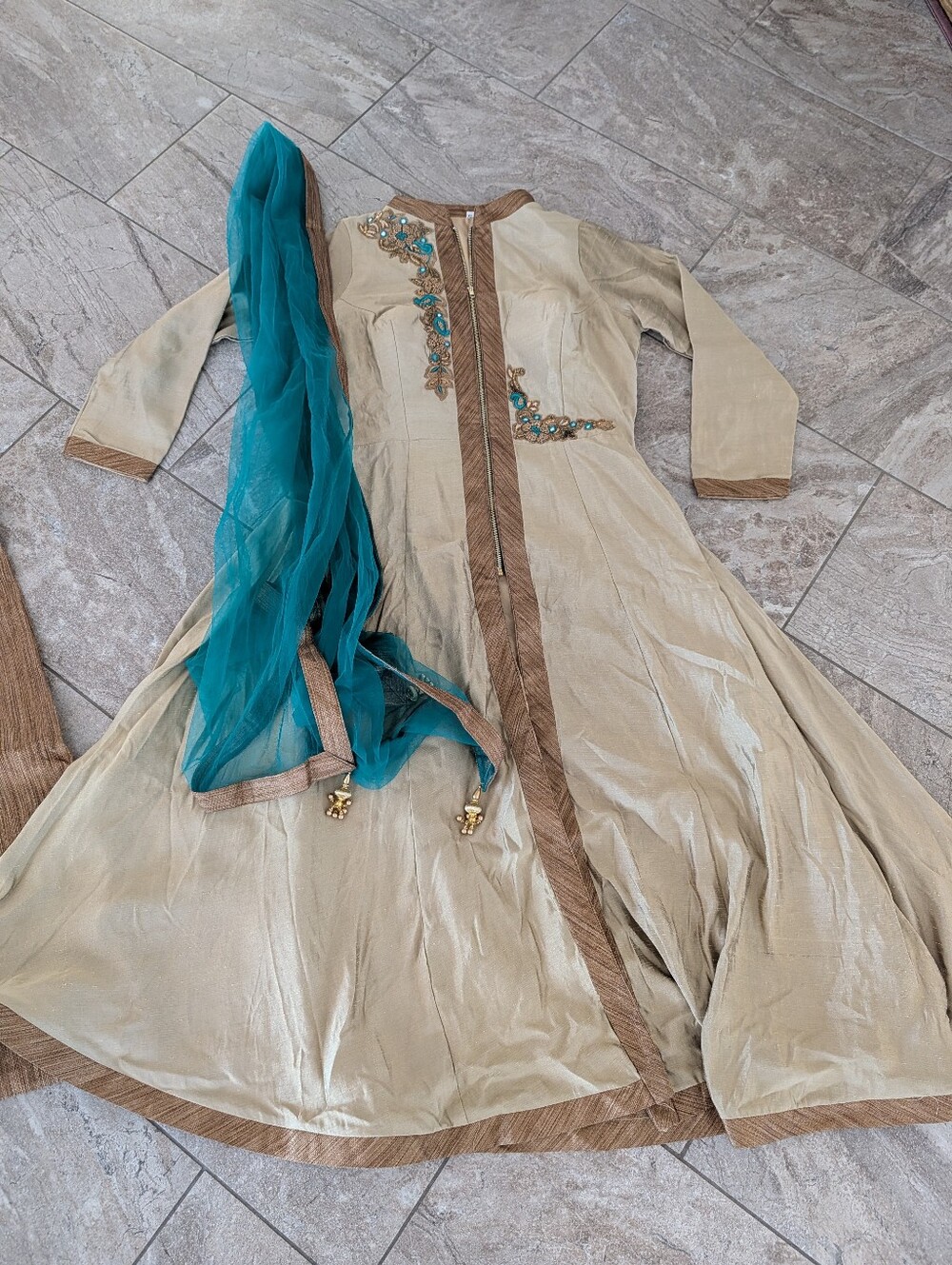 Beige & Teal Embroidered Women's Sharara Set with Teal Dupatta